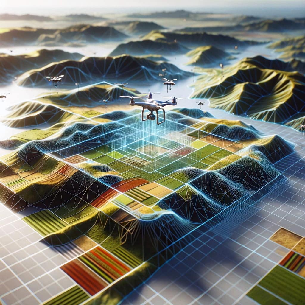 3D topographical model of a landscape with hills, fields, and water, overlaid with a grid and connection lines from a drone mapping project.