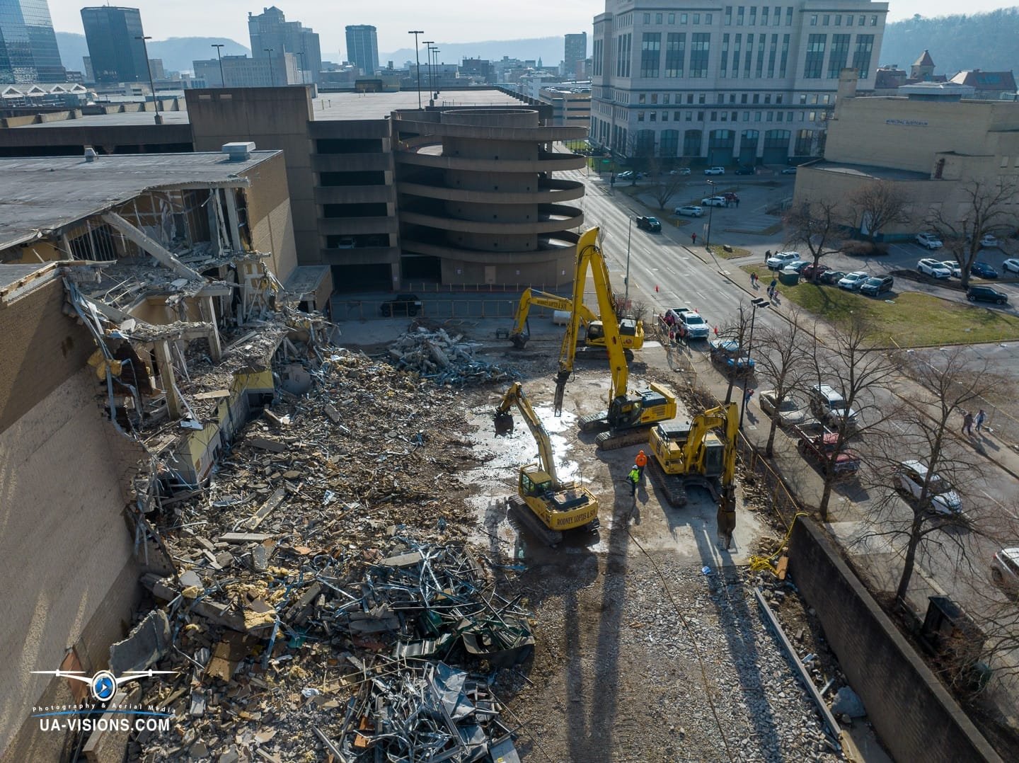 Aerial view of a demolition progression project of the Sears building at the Charleston Town Center Mall captured by UA-Visions