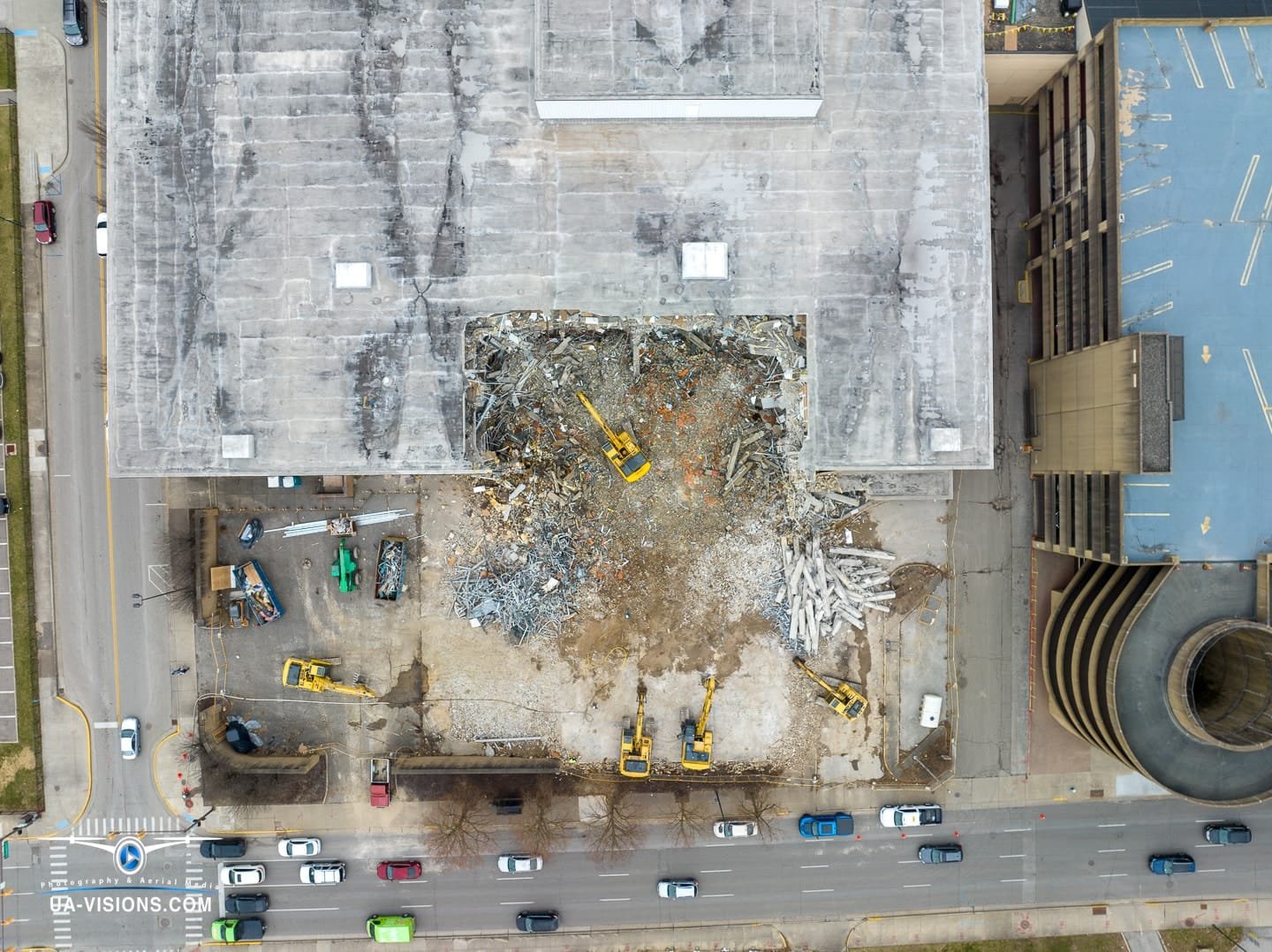Aerial view of a demolition progression project of the Sears building at the Charleston Town Center Mall captured by UA-Visions