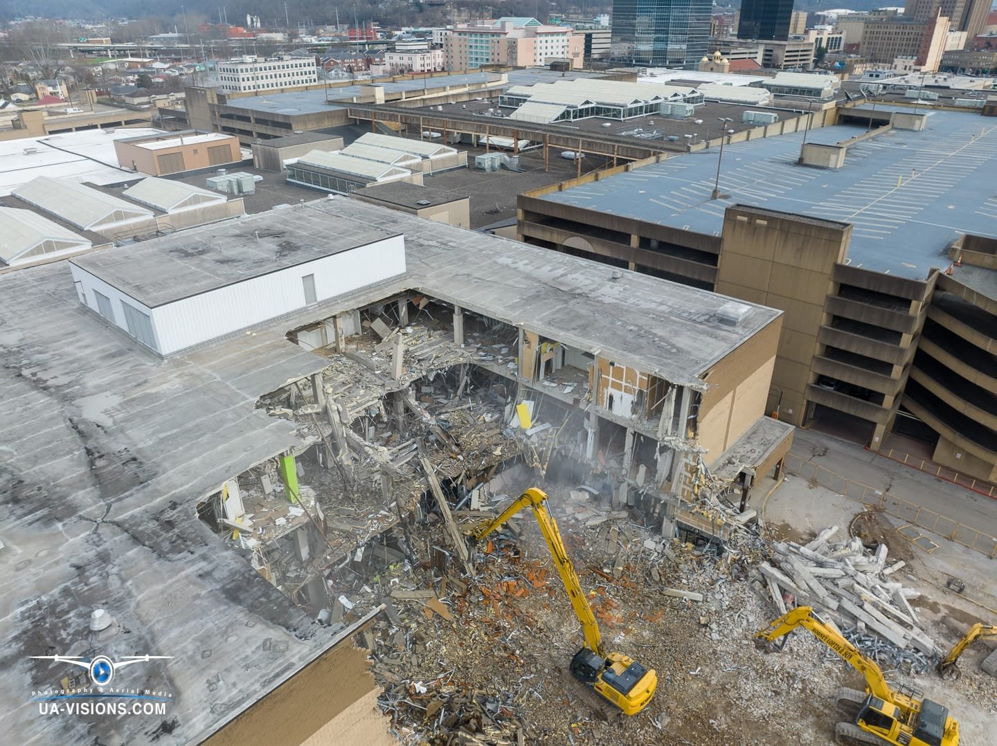 Aerial view of a demolition progression project of the Sears building at the Charleston Town Center Mall captured by UA-Visions