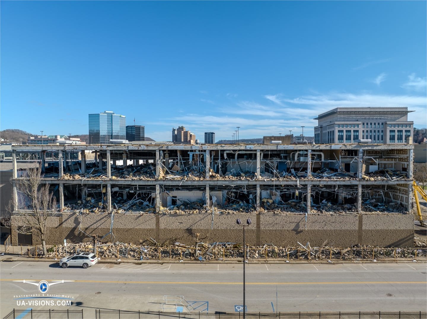 Aerial view of a demolition progression project of the Sears building at the Charleston Town Center Mall captured by UA-Visions