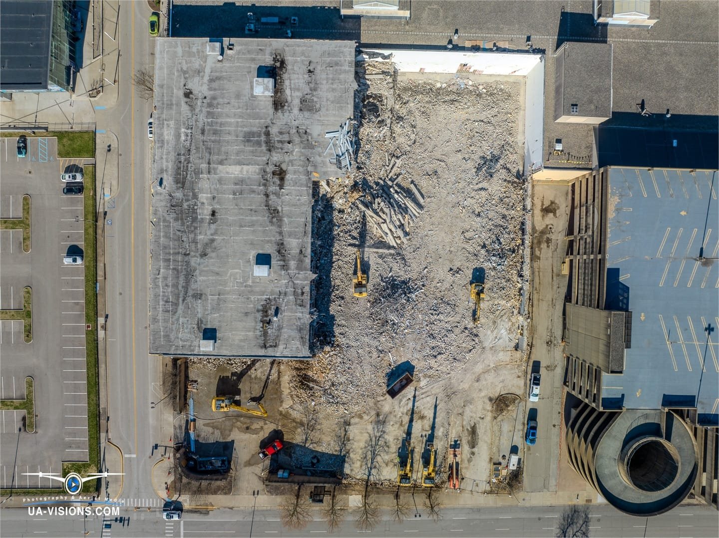 Aerial view of a demolition progression project of the Sears building at the Charleston Town Center Mall captured by UA-Visions