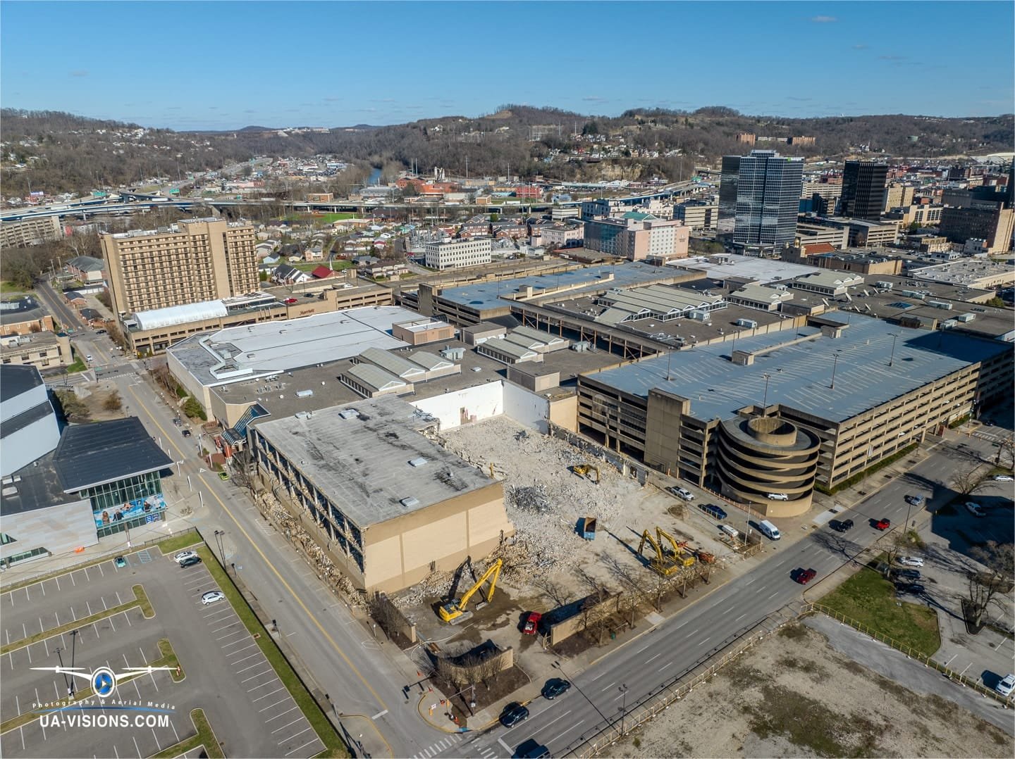 Aerial view of a demolition progression project of the Sears building at the Charleston Town Center Mall captured by UA-Visions