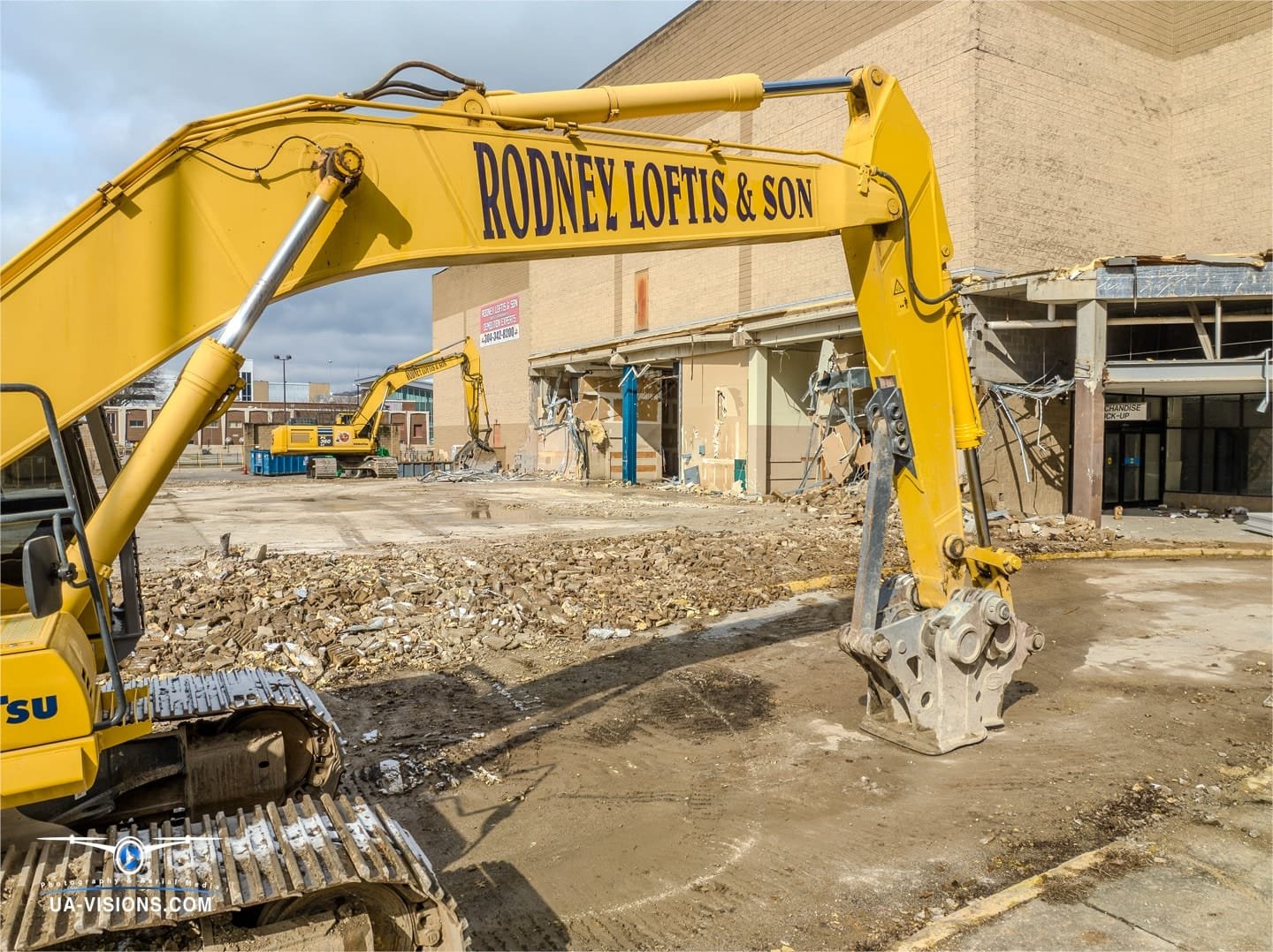 Aerial view of a demolition progression project of the Sears building at the Charleston Town Center Mall captured by UA-Visions