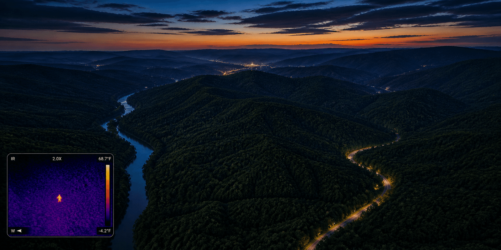 aerial thermal search West Virginia rugged mountain terrain drone UAV