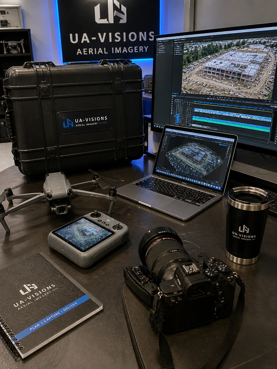UA-Visions camera, drone, and editing workspace showing real production equipment.