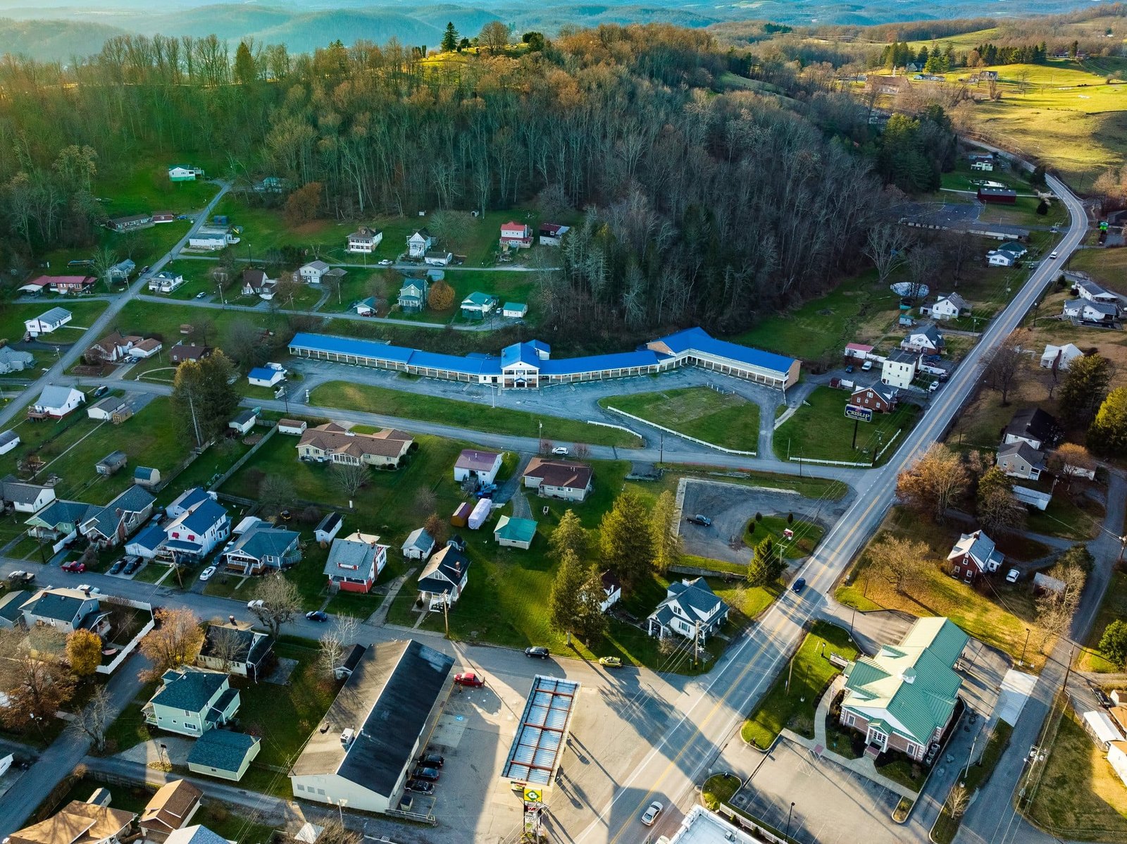 Crislip Motor Lodge Aerial Photography Wide aerial photograph showing Crislip Motor Lodge and neighboring streets in Grafton