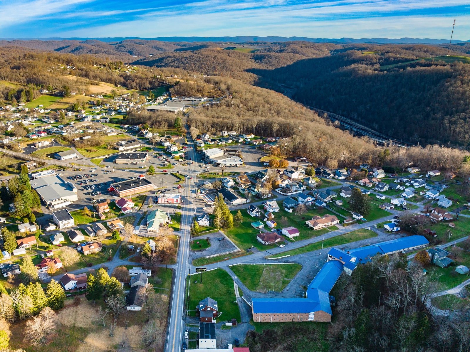 Crislip Motor Lodge Aerial Photography Elevated view placing the motor lodge within the surrounding Grafton neighborhood