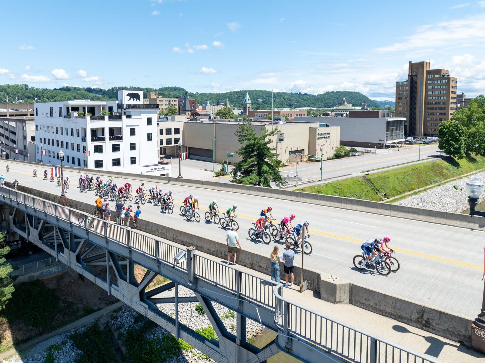 USA Cycling 2025 Photography and Video Aerial view of cyclists crossing a bridge during the Charleston road race